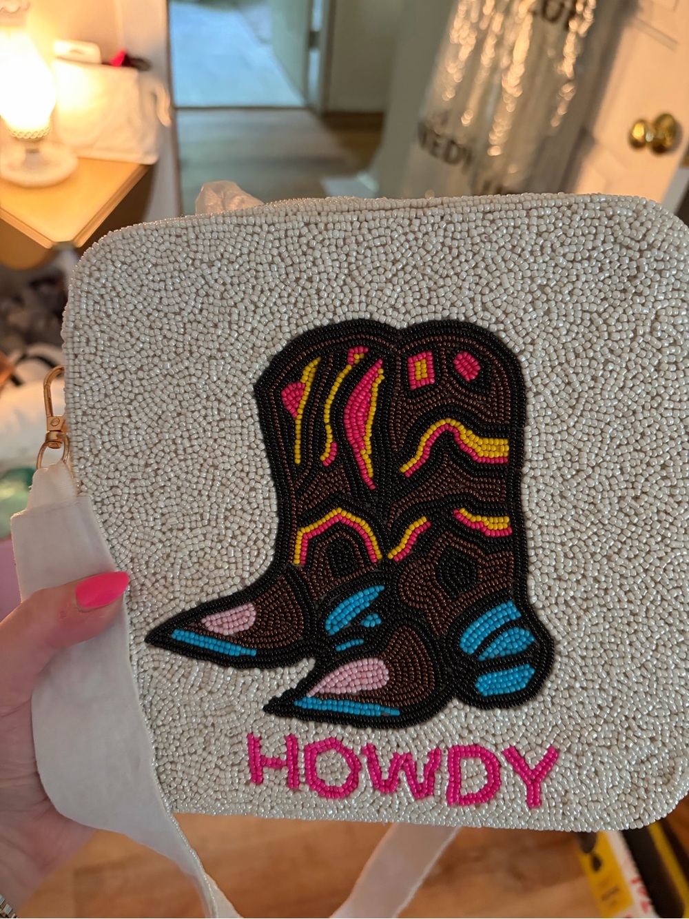 Beaded 'Howdy' Cowboy Boot Crossbody Bag - Cream